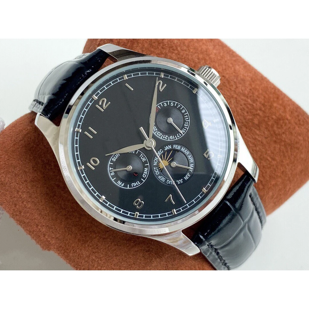 

mens automatic mechanical calendar watch moon phase black leather