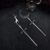 indie goth medieval silver color hand moon sword earrings crescent mystic jewelry weird goth witch for women aesthetic jewelry