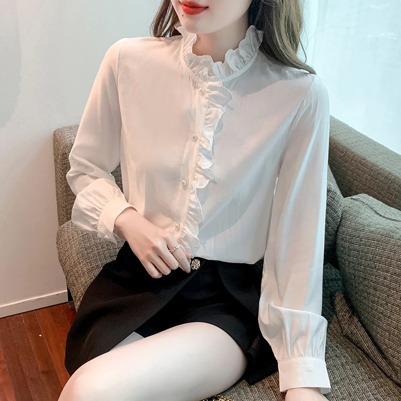 

Chiffon Shirt for Women Summer 2023 New In Solid Ruffles Blouses Long Sleeve Korean Fashion Loose White Top O-neck Casual