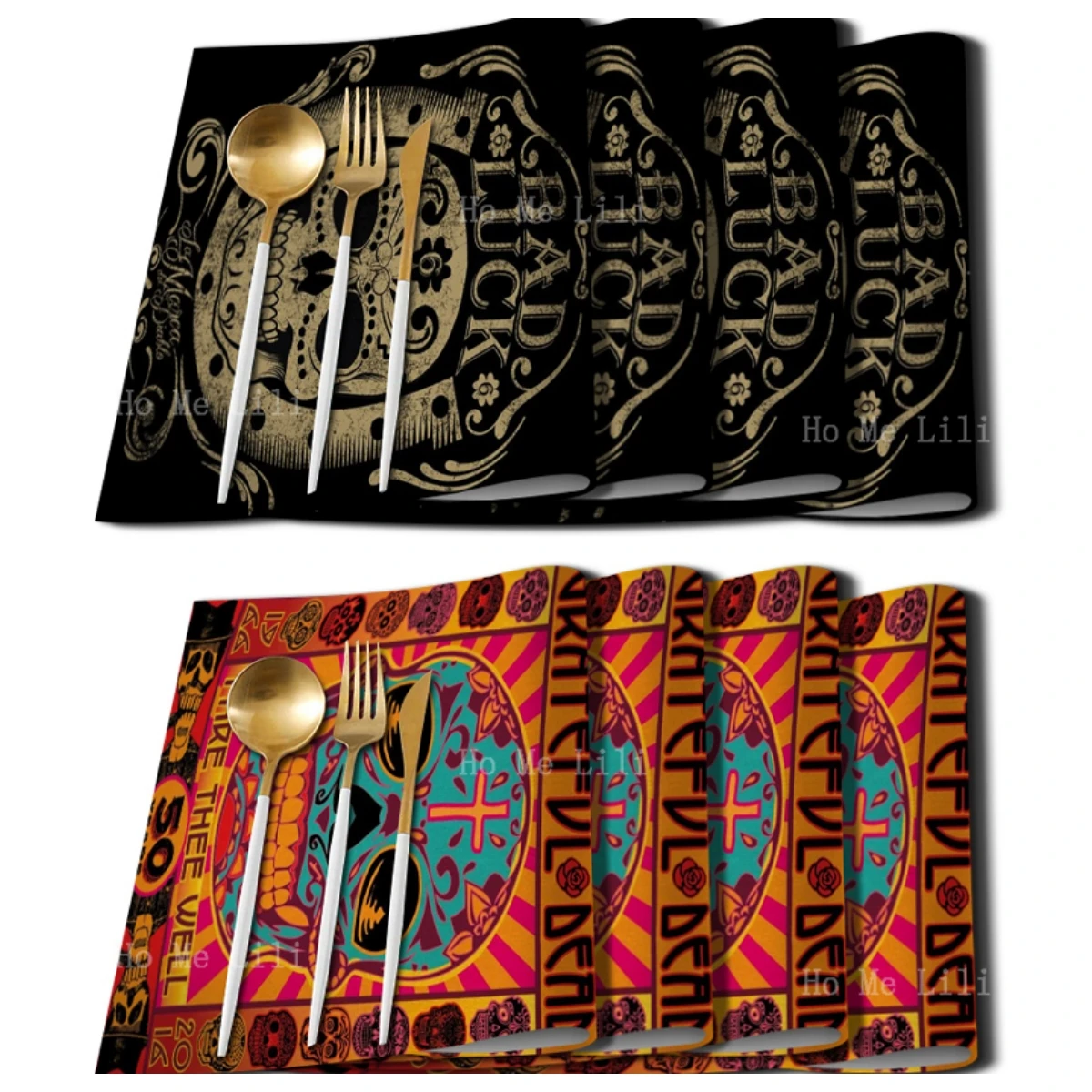 

Skeleton Hand -Painted Material Is Grateful And Died Of Colorful Skull Placemat For Tabletop Decor