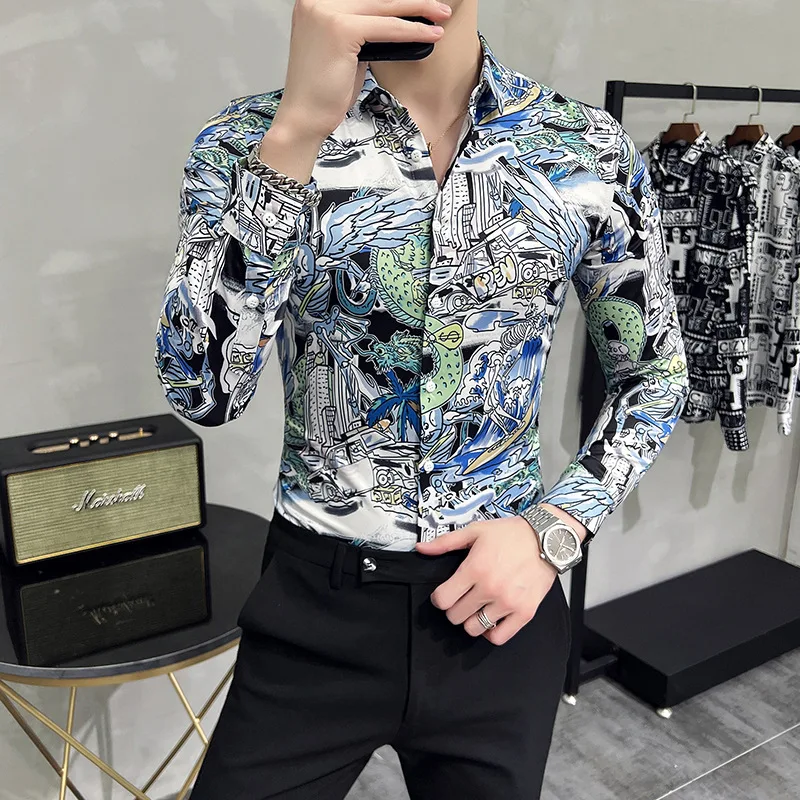 

Luxury Personalized Print Shirts Men Long Sleeve Slim Casual Shirt 2022 Autumn Business Formal Dress Shirts Social Streetwear
