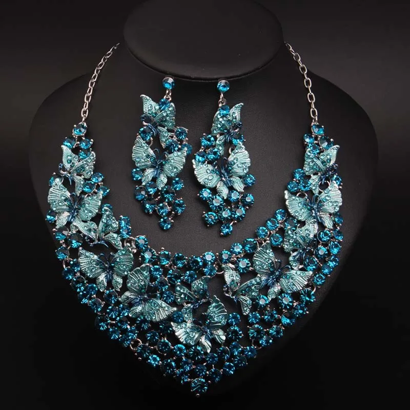 

Sangnuo Luxury Blue Butterfly Crystal Statement Necklace Earrings Set African Dubai Women Wedding Jewellry Sets Bridal Jewelry