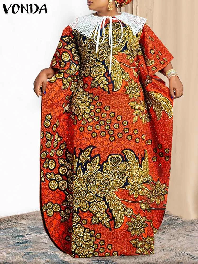 Plus Size 5XL VONDA Summer Maxi Long Dress Women Bohemian Printed Sundress Short Sleeve Lace Patchwork Casual Loose Party Robe