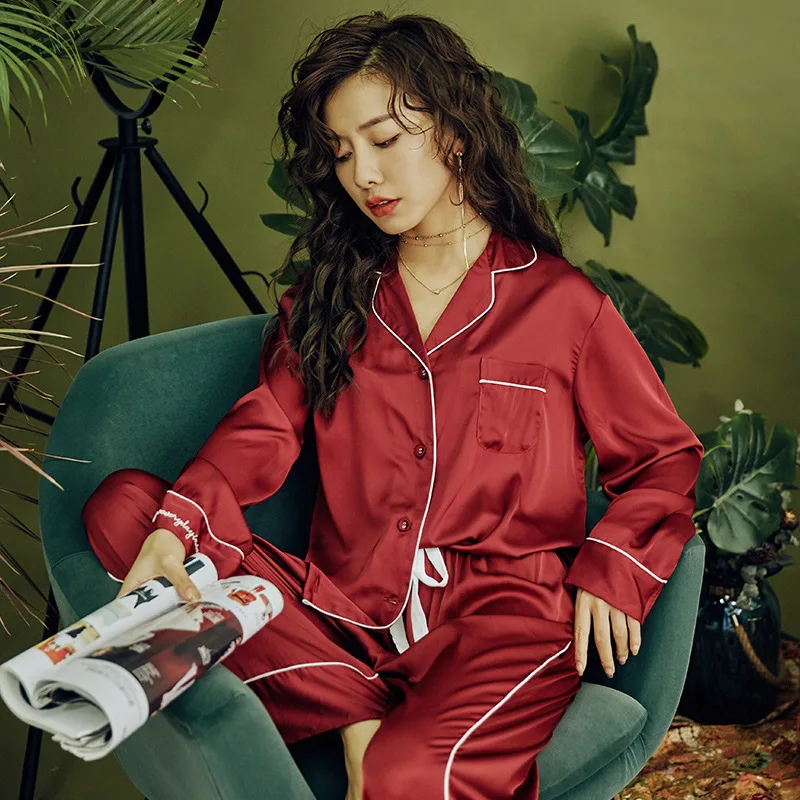 Women's 2 Piece Pajamas Sets Cute Pijama Faux Silk Satin Pyjama Female Sleepwear Long Sleeve Shirt Long Pants Homewear for women