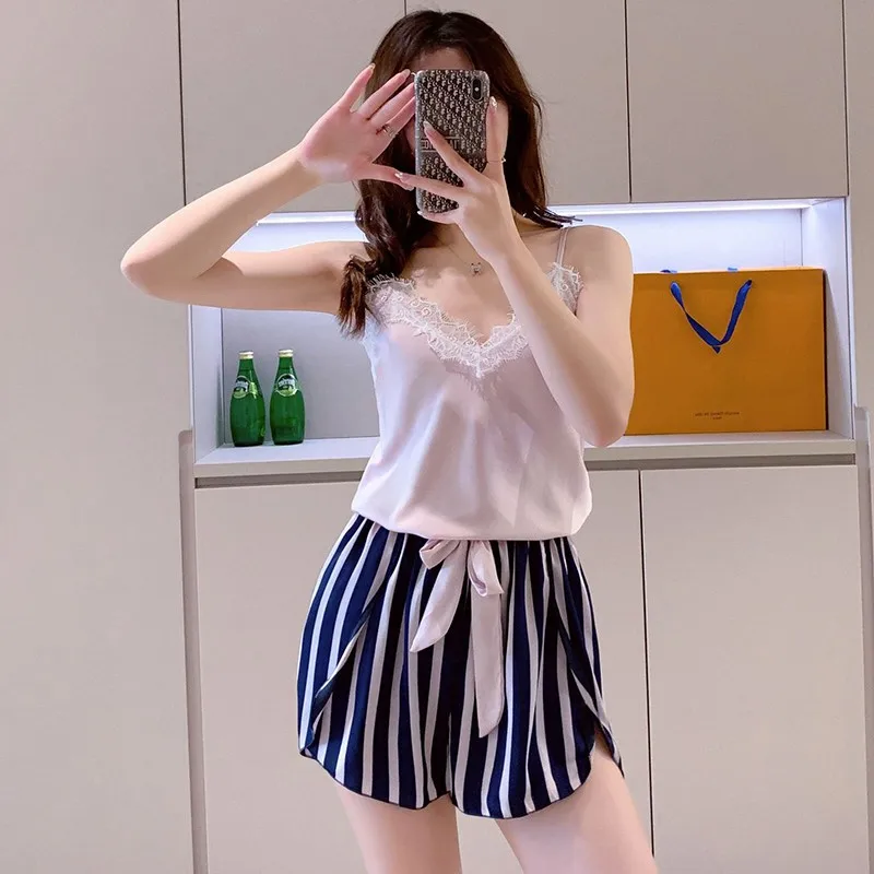 

Female Sling Top&Striped Shorts Pajamas Suit Lace Trim 2PCS Home Clothes V-Neck Sexy Sleepwear Fashion Thin Intimate Nightwear