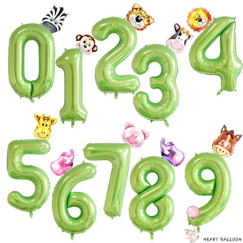

40 Inch Fruit Green Big Number + Mini Animal Head Aluminum Film Balloon Children's Birthday Party Decoration Aluminum Foil Ball