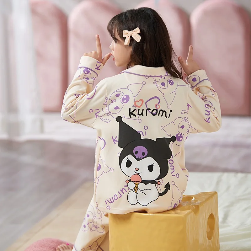 

Sanrio Kuromi Cinnamoroll Y2K Long Sleeve Pajamas Girl Thin V-Neck Kits Cartoon Student Summer Pure Cotton Cute Anime Suite Gift