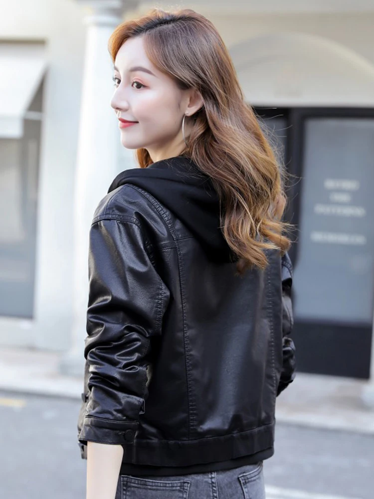New Women Motorbiker Leather Jacket Spring Autumn Fashion Splice Hooded Loose Short Coat Split Leather Casual Outerwear Female
