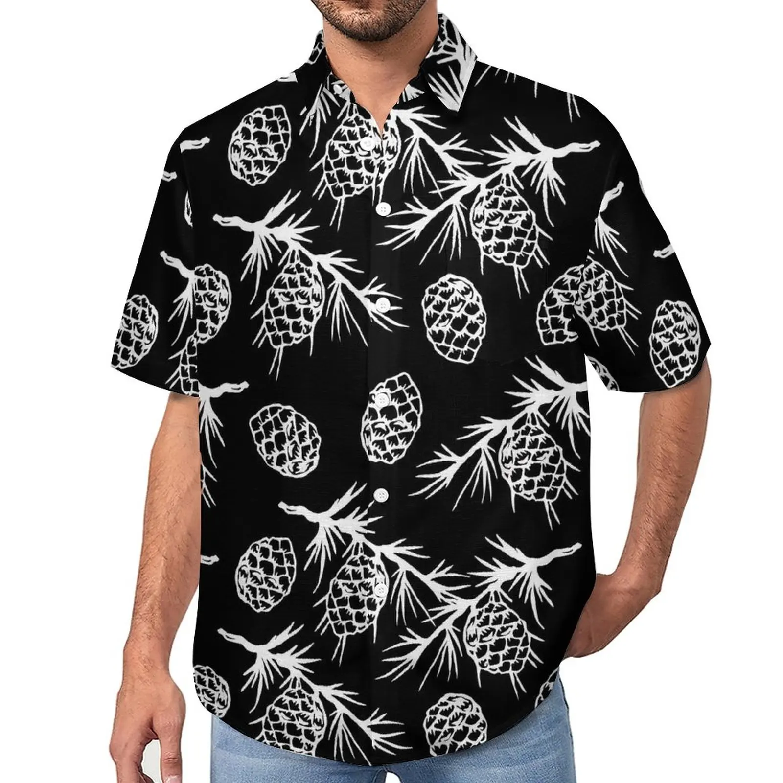 

White Pine Cones Blouses Festive Fall Print Casual Shirts Hawaii Short-Sleeve Streetwear Oversize Vacation Shirt Birthday Gift