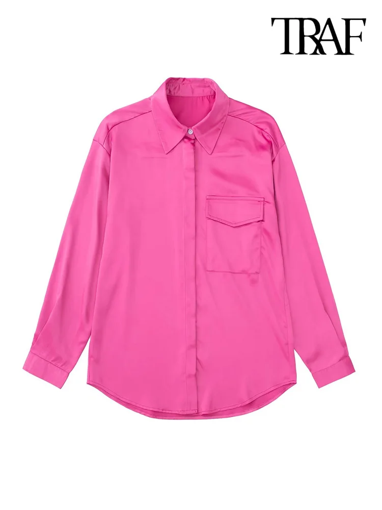 

TRAF Women Fashion Patch Pocket Oversized Satin Shirts Vintage Long Sleeve Snap-button Female Blouses Blusas Chic Overshirt