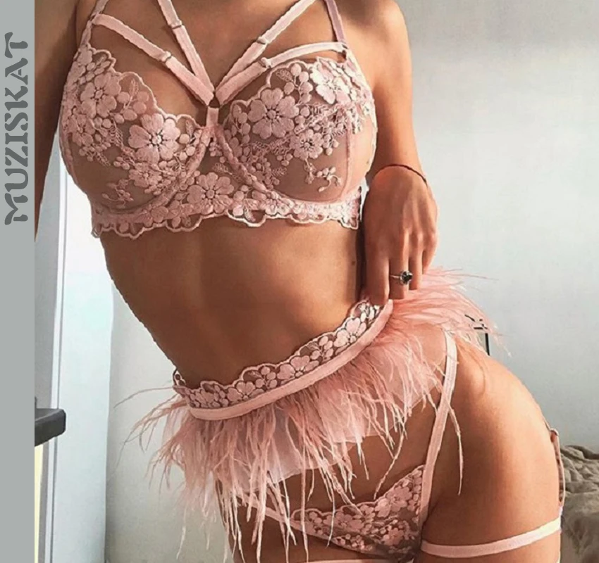 Trendy Lingerie 2022 Women 3 Piece Set Ultra Thin Lace Lingerie exotic sexy bra set feather Sexy Porn Underwear Women Set