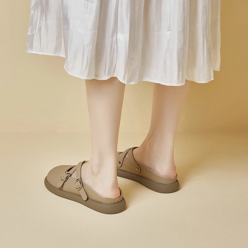 AIYUQI Half Slipper Women Genuine Leather 2023 Summer New Flat Mules Women Shoes British Style Outerwear Slippers Women