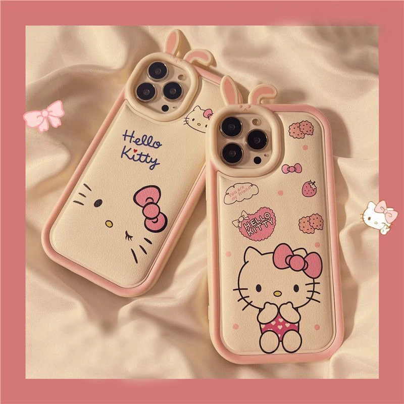 

Cartoon Cute Bunny Ears Sanrio Hello Kitty Luxury Leather Phone Cases For iPhone 14 13 12 11 Pro Max Back Cover Y2k Girl Gift