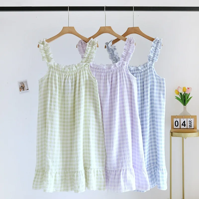 New Summer Women's Suspended Dress 100% Cotton Crepe Sleeping Dress Ladies Plaid Loose Home Dress Sleepwear Dress Women