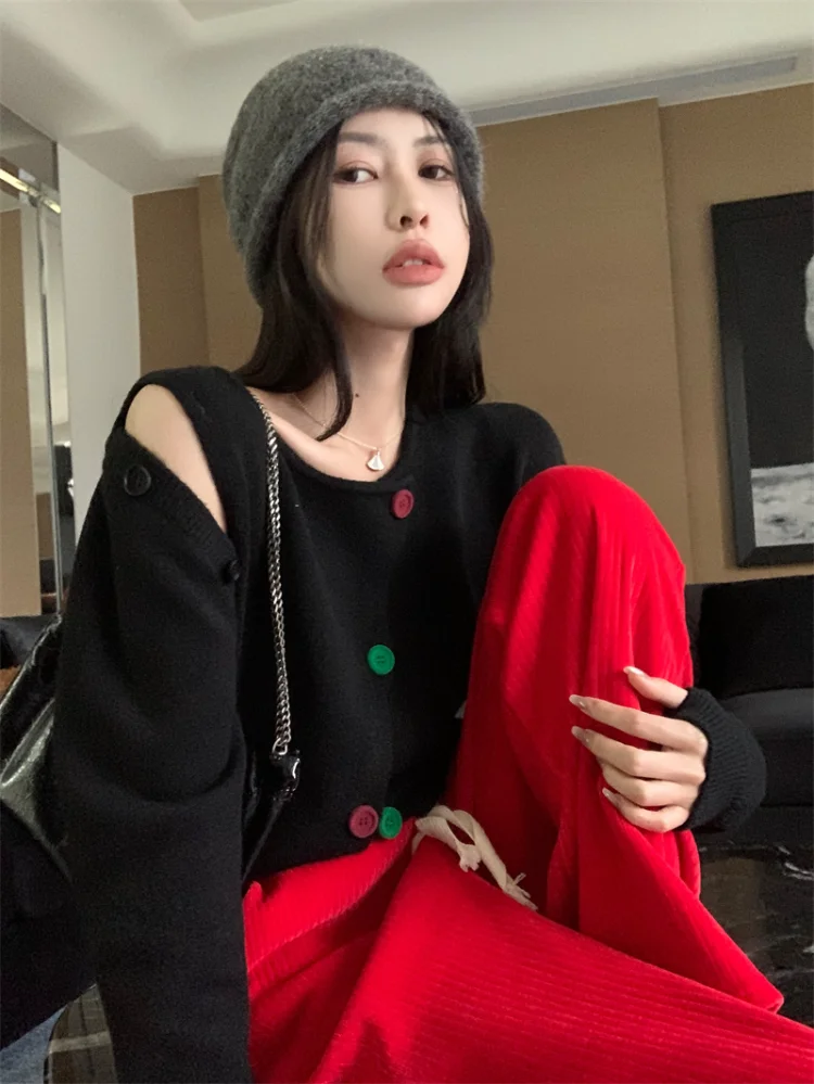 

Korobov Y2k Clothes Off-shoulder Sweater for Women Winter Slim Knitwears Hollow Out Design Cardigan Korean Fashion Sueter Mujer