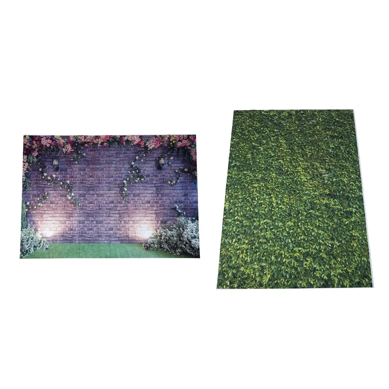 

2 Pcs 7X5ft Flowers Wall Photography Backdrops Brick Nature Green Grass Backdrop Spring Stuido Background