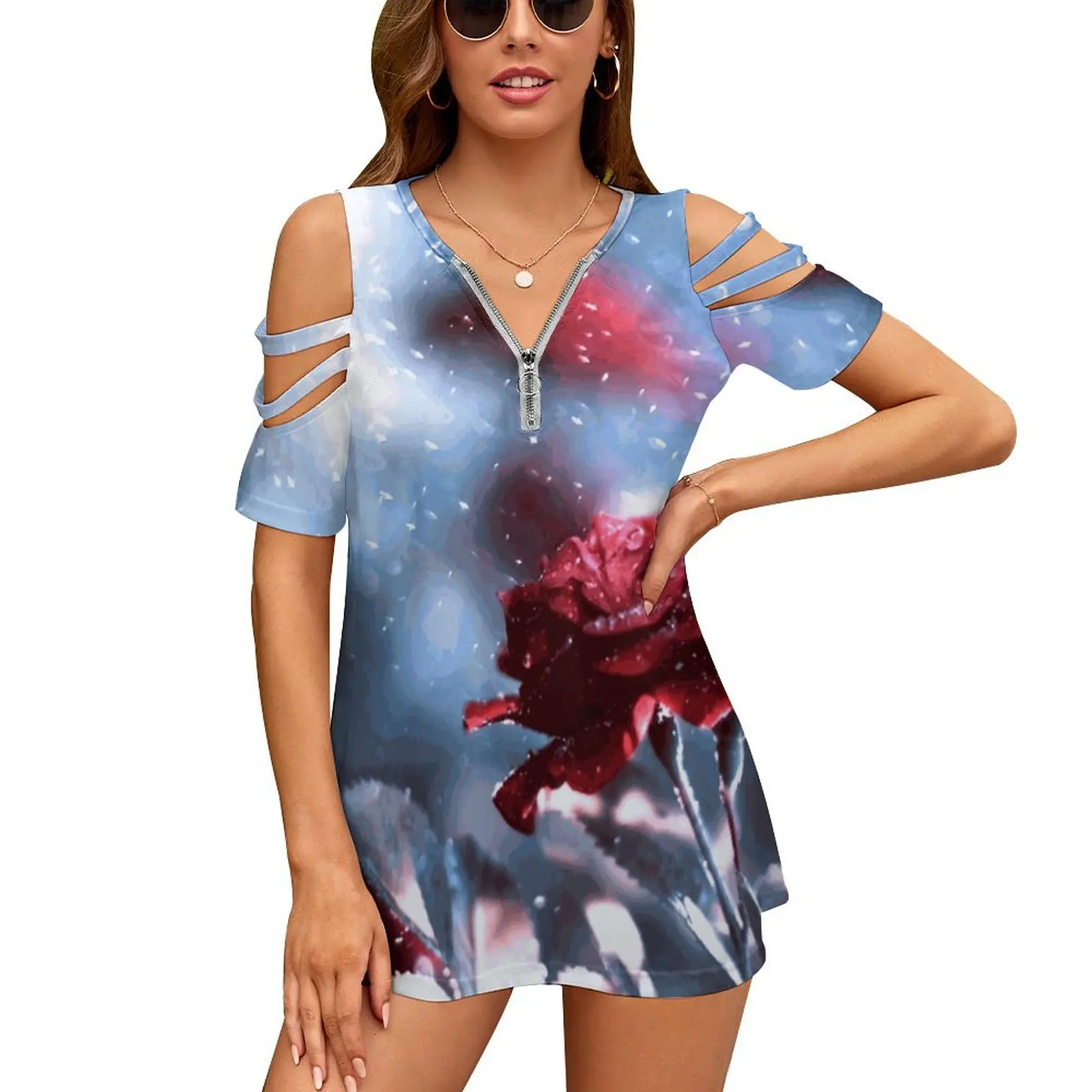 

Женская рубашка на молнии, с открытыми плечами и короткими рукавами