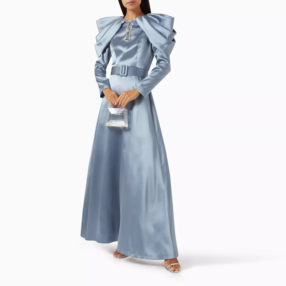 

Muloong Blue O Neck Pleated Maxi Dress Pleated Sleeves Ankle Length A Line Classic Evening Dress Crystal Saudi Aribia Prom Gown