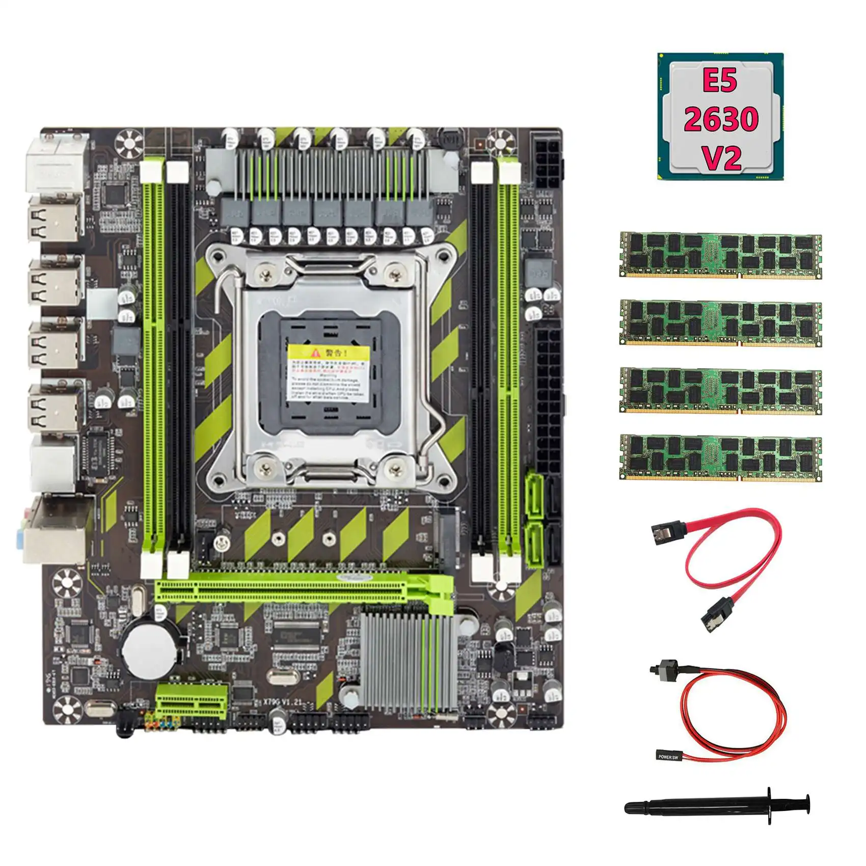 

X79 Motherboard+E5 2630 V2 CPU+4X4GB DDR3 1600Mhz REG ECC RAM Memory+SATA Cable+Switch Cable+Thermal Grease M.2 NVME