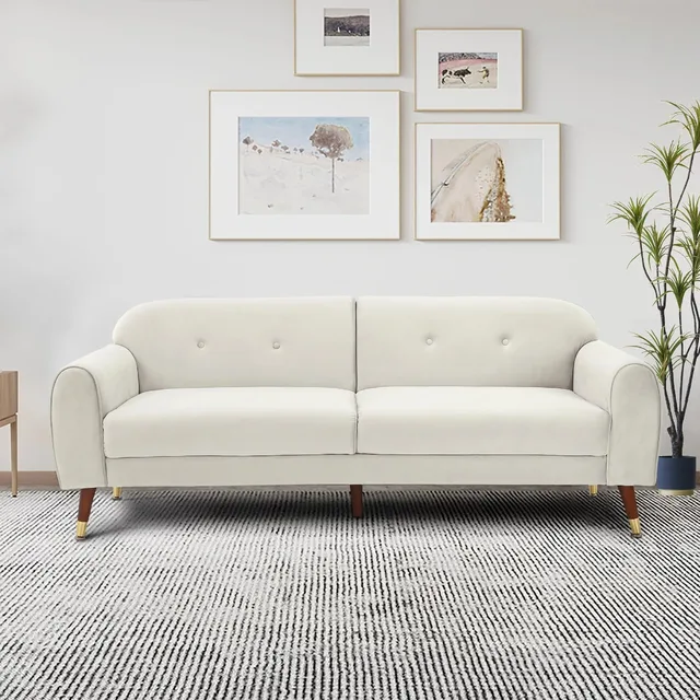 75.5”Mid-century Velvet Sofa,Morden Upholstery 2-seater Velvet Sofa with Armrest for Livingroom(Beige) 1