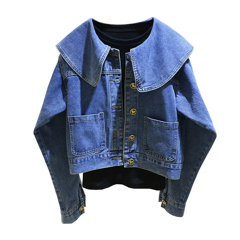 

Fashion Lotus Leaf Collar Denim Coat Women 2023 Spring New Vintage Loose Single Breasted Short Jeans Jacket Female Clothes G2525