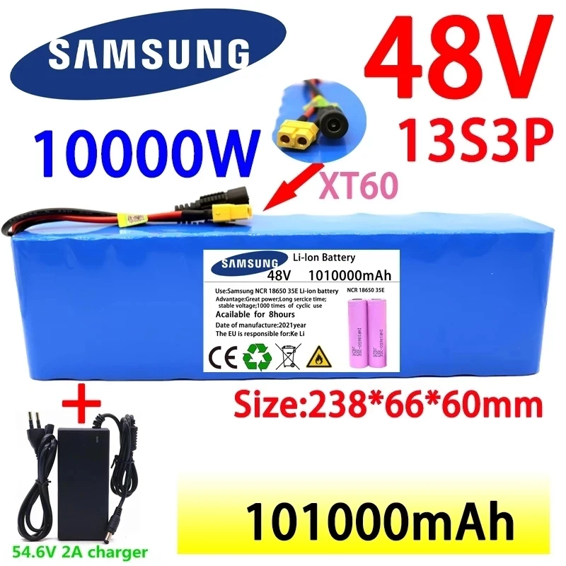 

New 48V 100000mAh 1000w 13S3P XT60 48V Lithium ion Battery Pack 100Ah For 54.6v E-bike Electric bicycle Scooter with BMS+charger