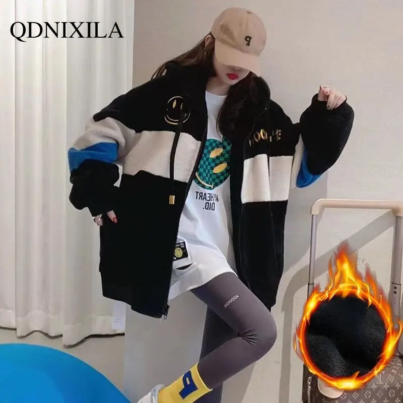 Winter Jacket Women 2022 Korean Fashion Embroidery Thickened Hooded Wool Clip Cotton Faux Fur Coat Women New In External Clothes