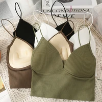 seamless crop top women underwear wire free v shaped camisole thin straps striped solid bralette lingerie one piece tube tops