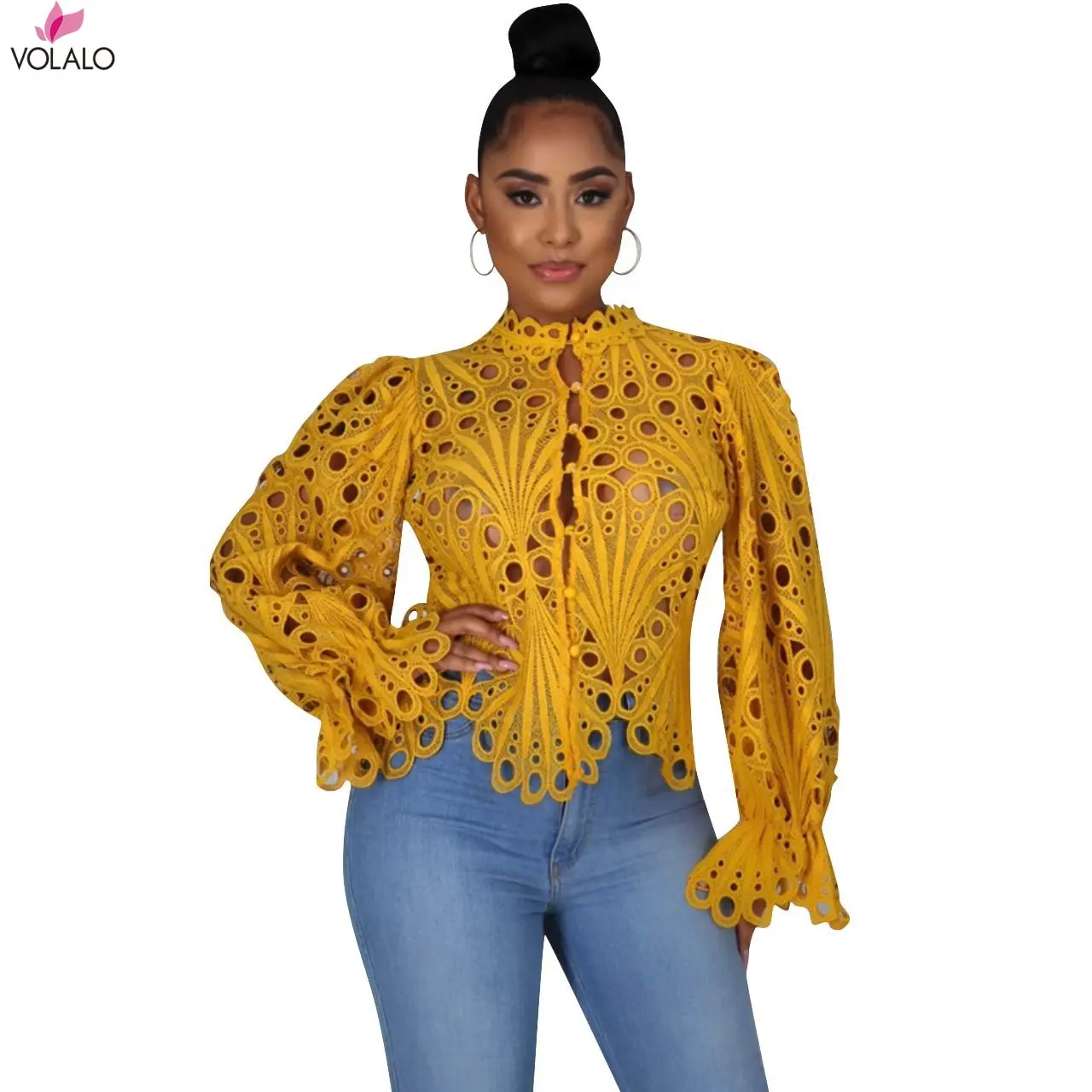 

2023 New Elegant Long Sleeve Hollow Out Mesh Lace Shirt Sheer See Through Top Blouse Clothing Dashiki African Shirts For Women