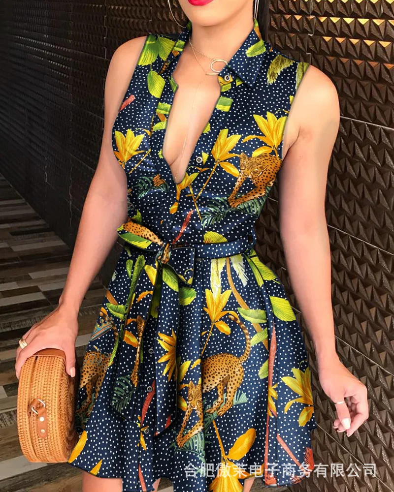 

Sexy V Neck Printed Dress Party Beach Dresses Belt Design Women Skirt