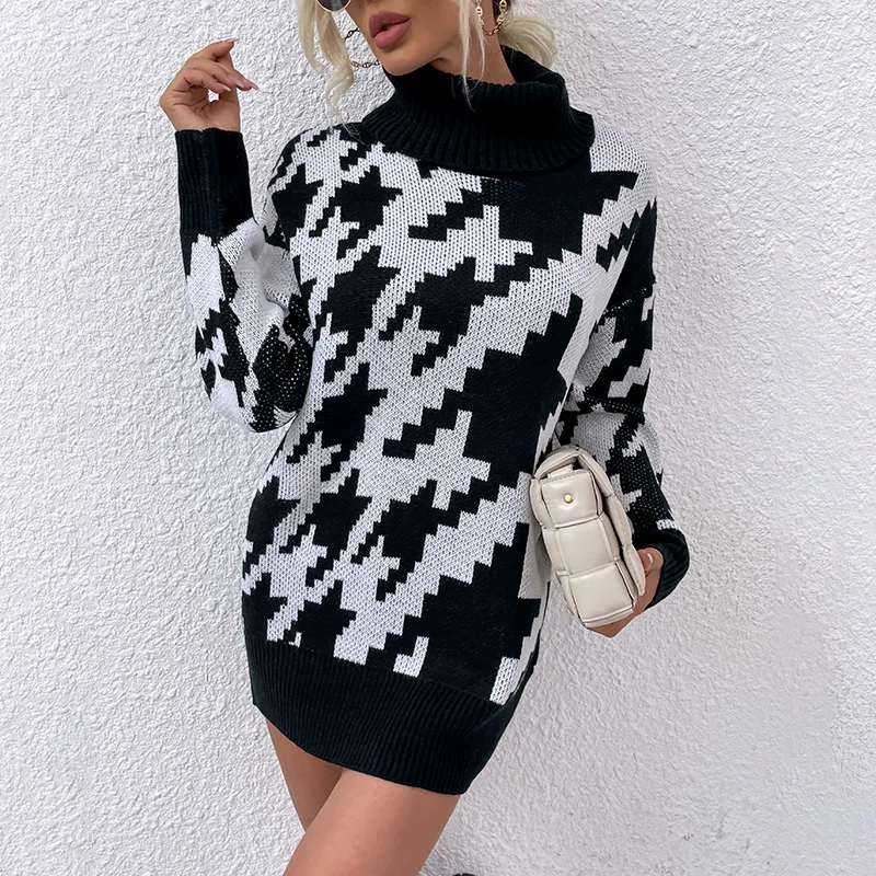 

UCAK Long Sweater Dress Autumn Fashion Houndstooth Black Turtleneck Casual Knit Pullover Tops Y2k Clothes for Women Fall Z106173