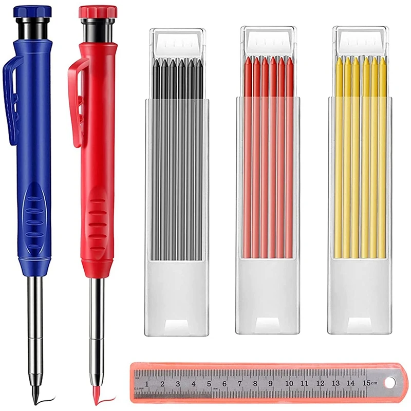 

2 Carpenter Pencils With 18 Replacement Leads, Deep Hole Marker, Suitable For Metal, Wood, Cardboard, Concrete And Other