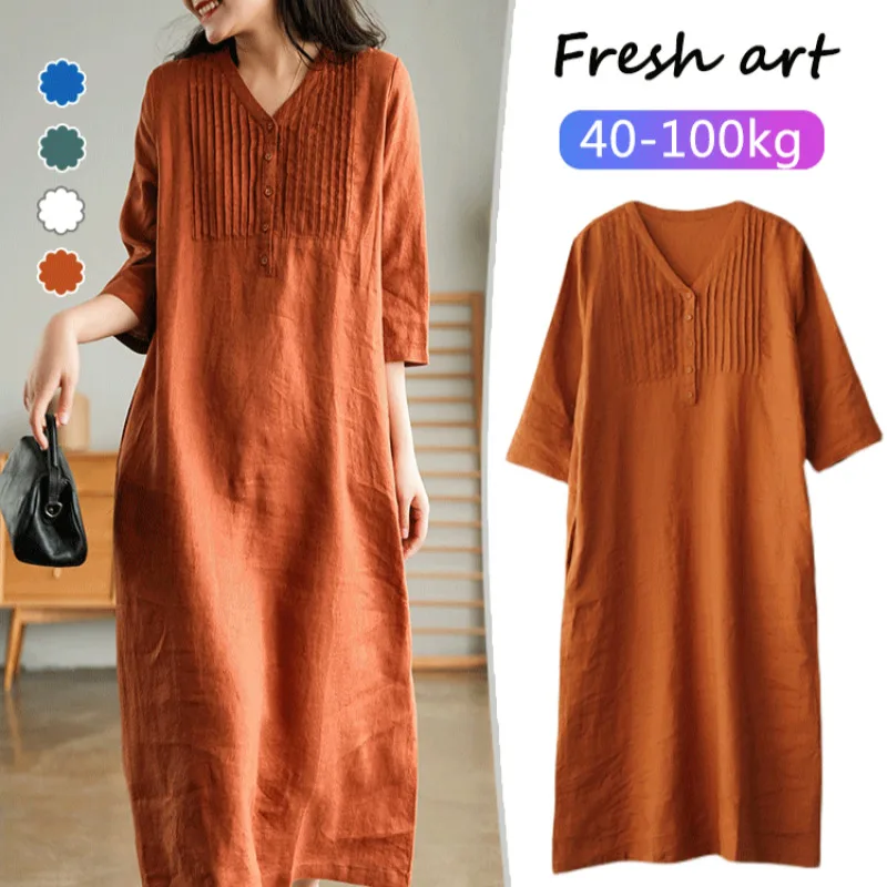 

Stylish Splicing Design Loosefit Cotton Linen Vneck Dress for Women