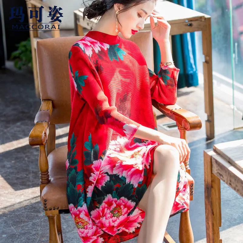 

Women dress China style fashion loose fold dress female 2022 autumn new seven-point sleeve printing long paragraph skirt dress