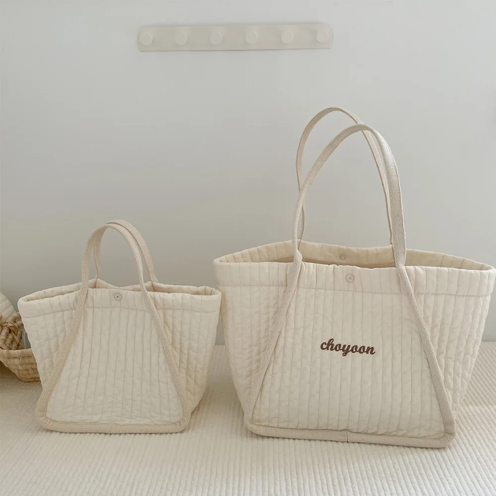 White Cotton Mommy Bag Text Embroidery Out Large Capacity Buckle Shoulder Bag Can Be Customized Korea Import Quilted Fabric