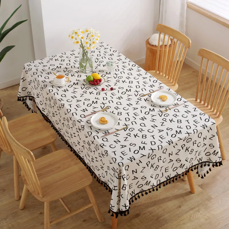 

Cotton Linen Thickened Tablecloth Black White Tassel Rectangle Indoor & Outdoor Dining Table Cover With Tassel Mantel Mesa Nappe