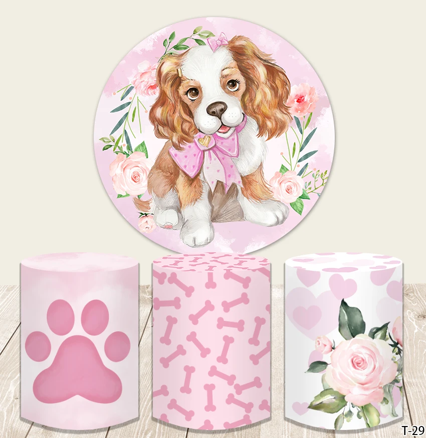 

Round Background Pet Dog Happy Birthday Dog Flowers Paw-ty Doggy Pink Bow Party Decor Photo Circle Backdrop Studio Supplie Cover