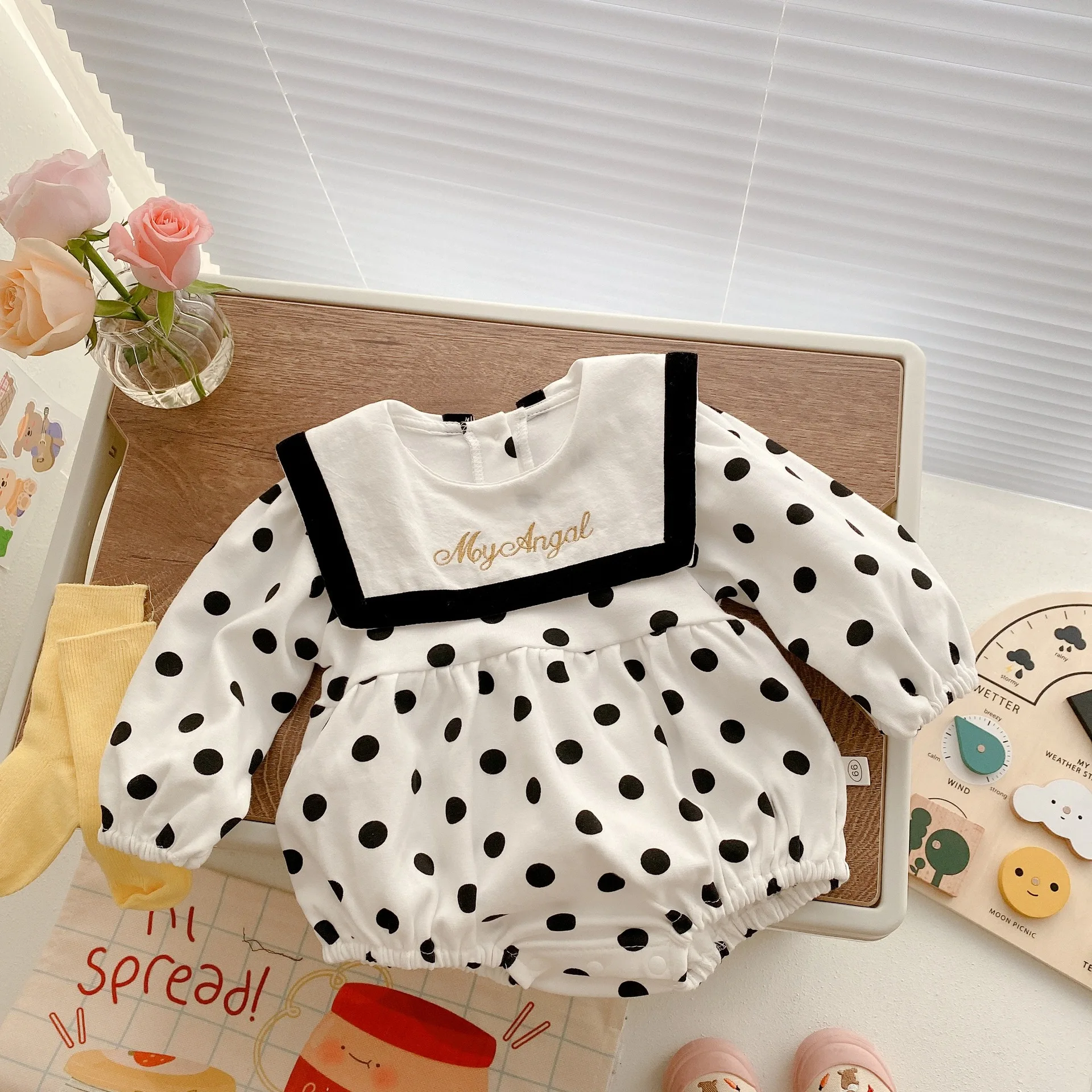 

Newborn Baby Polka Dot Romper Autumn Winter Baby Girl Long Sleeve Jumpsuits Toddler Infant Girl Outfits Sailor Collar Bodysuits