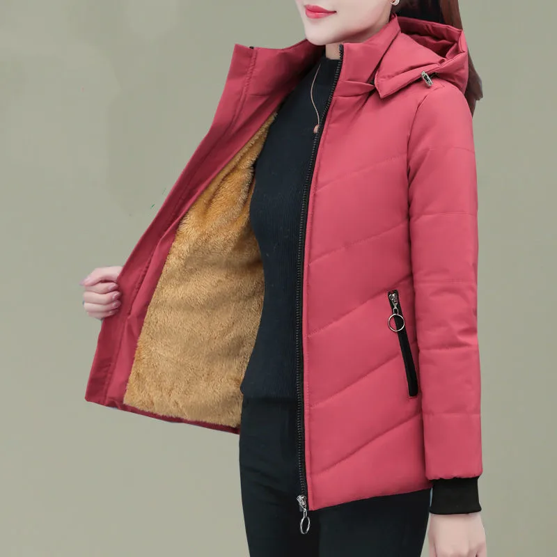 Women  Velvet Cotton Jacket 2022 New Female Winter Fleece Warm Hood Coat Ladies Down Padded Jackets   5XL Coat