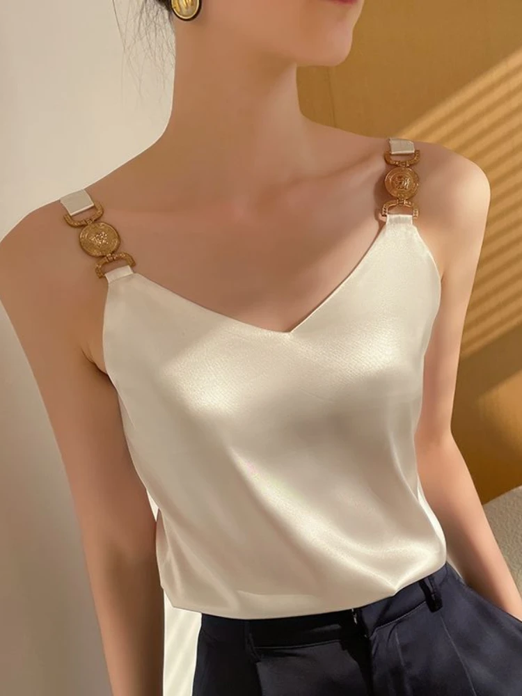 

Camis Women's Tops V-neck Solid Fashion Sleeveless Women Vest Elegant Office Lady Backless Top Silk Spaghetti Camis Summer 2023