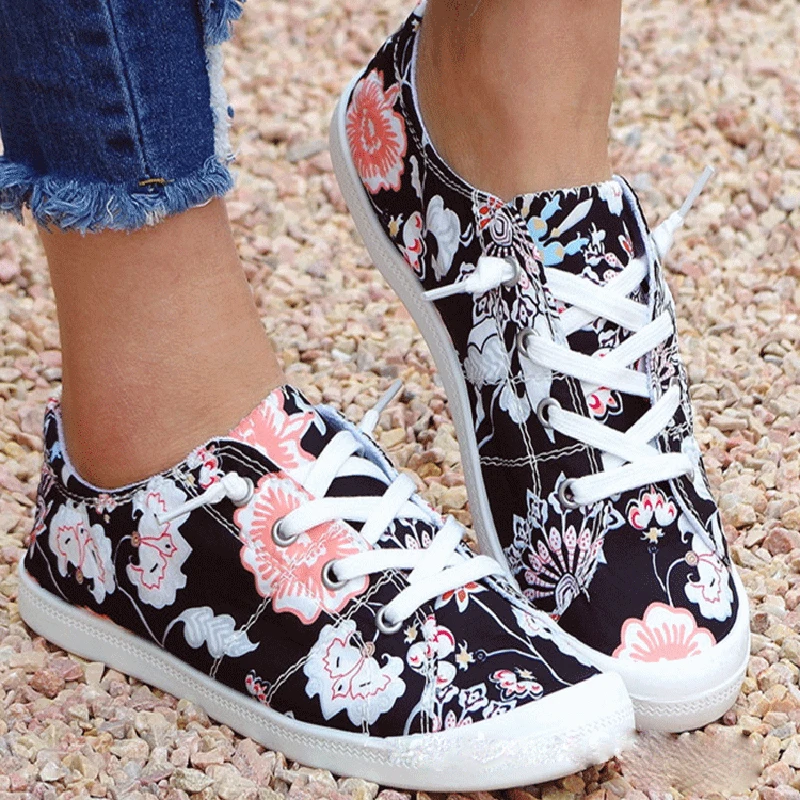 

New Fashion Women Casual Sneakers Elegant Floral Printed Lace Up Flat Slip on Shoes Round Toe Vulcanized Shoes Zapatos De Mujer
