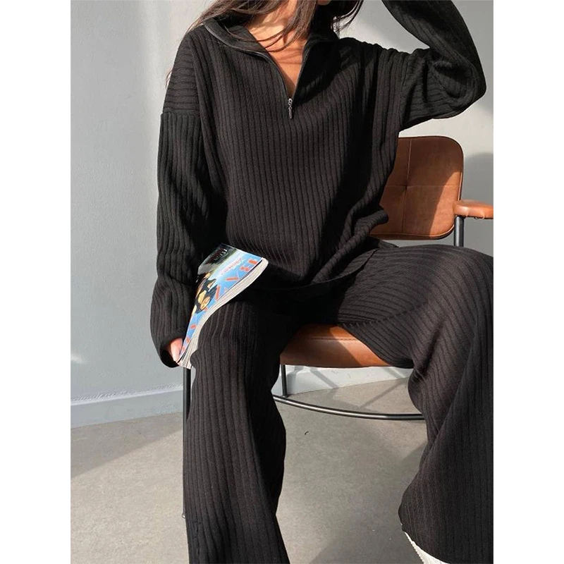

Casual Beige V-Neck Sweatshirts Pullover 2 Piece Outfits 2022 Autumn Winter Warm Knitwear+Wide Legs Pants Women Elegant Outfits