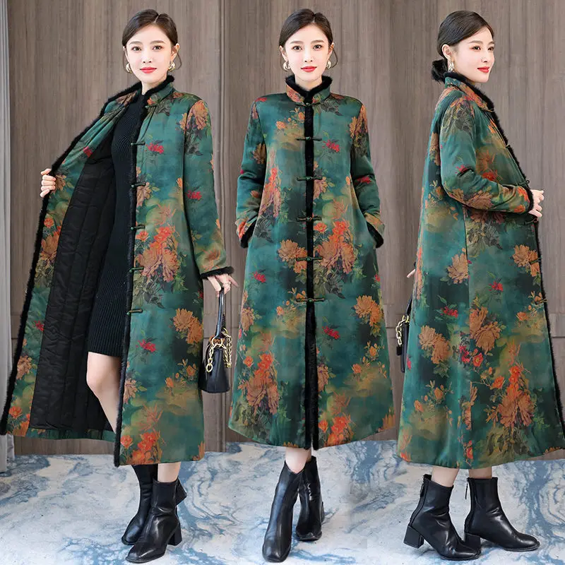 2022 Winter New Chinese Style Thick Cotton Jacket Long Tang Coat Women's Retro Stand Collar Printed Elegant Parka Abrigos T1014