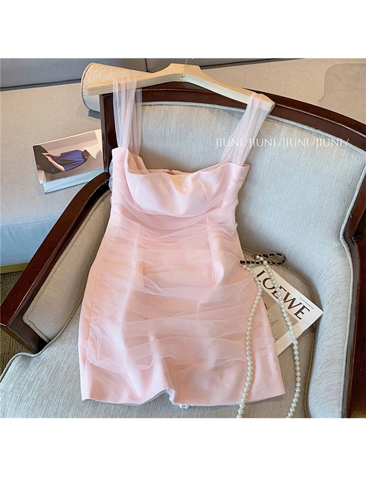 

Pink Sweet Elegant Princess Dress Women Korean Sexy Slim Gauze Patchwork Sleeveless Mini Dress Fashion Bodycon Clubwear Female
