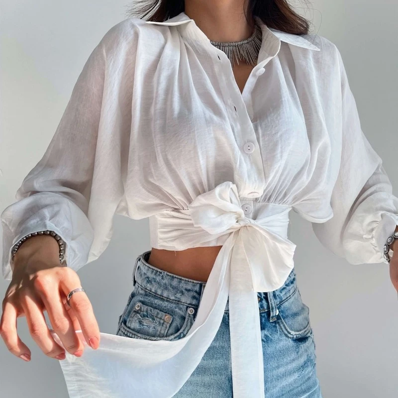 

Long Batwing Sleeve Cardigans Women Lace-up Shirts Spring and Autumn 2023 New Loose Tops Blouse Solid Color Clothes Blusas 29482