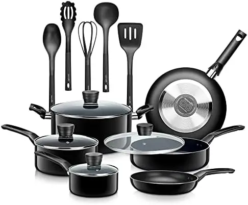 

Pots & Pans Basic Kitchen Cookware, Black Non-Stick Coating Inside, Heat Resistant Lacquer (15-Piece Set), One Size, Blue Baking