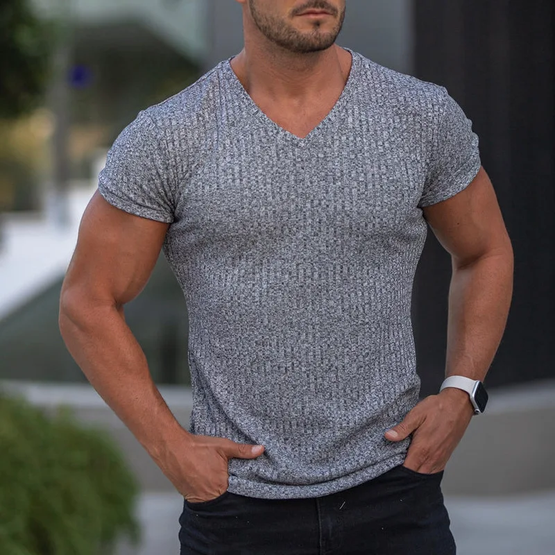 

2022 New Summer V-neck Short-sleeved T-shirt Men's Fitness Running Top Breathable Solid Color Bottoming Shirt