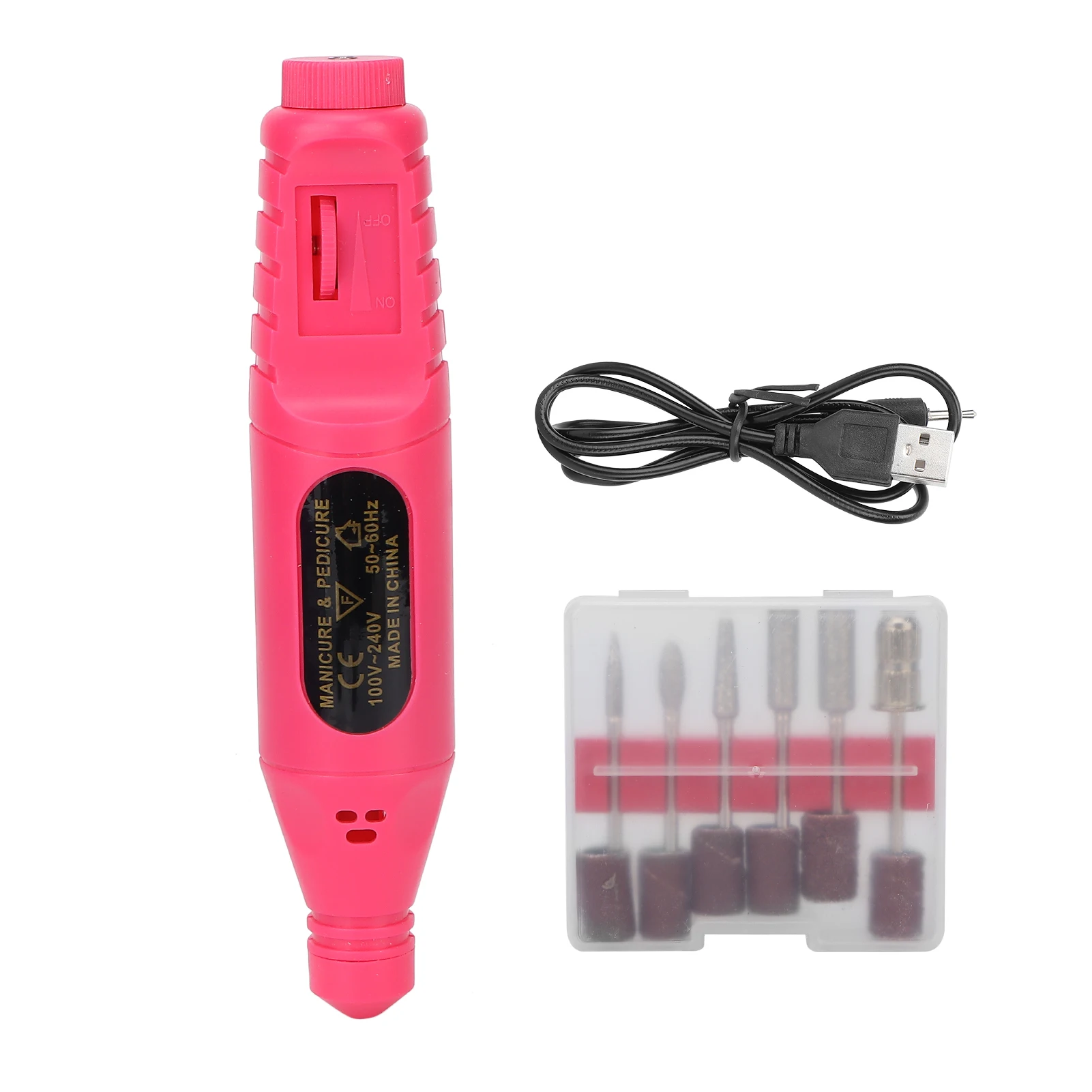 

USB Electric Nail Drill Machine Portable 6 Polishing Heads Manicure Polisher Tool KitRose Red