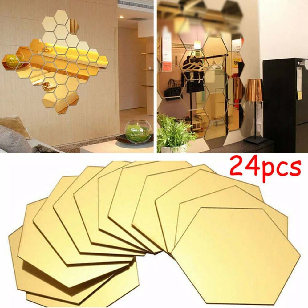 

24Pcs Gold 3D Mirror Hexagon Wall Stickers Removable Decal Mural DIY Decorative Mirror Paste Living Room Decals Home Decoration