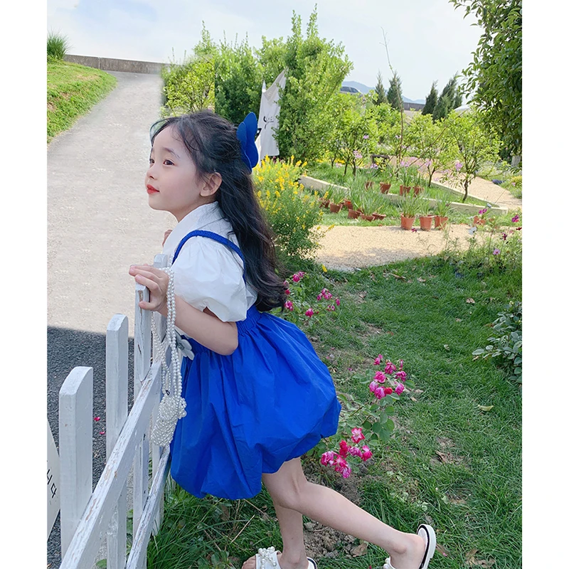 

Girls' Summer Clothing New Klein Blue Short Puff Sleeve Fashion White Blouse + Suspender Skirt Toddlers Outfits Children Suits
